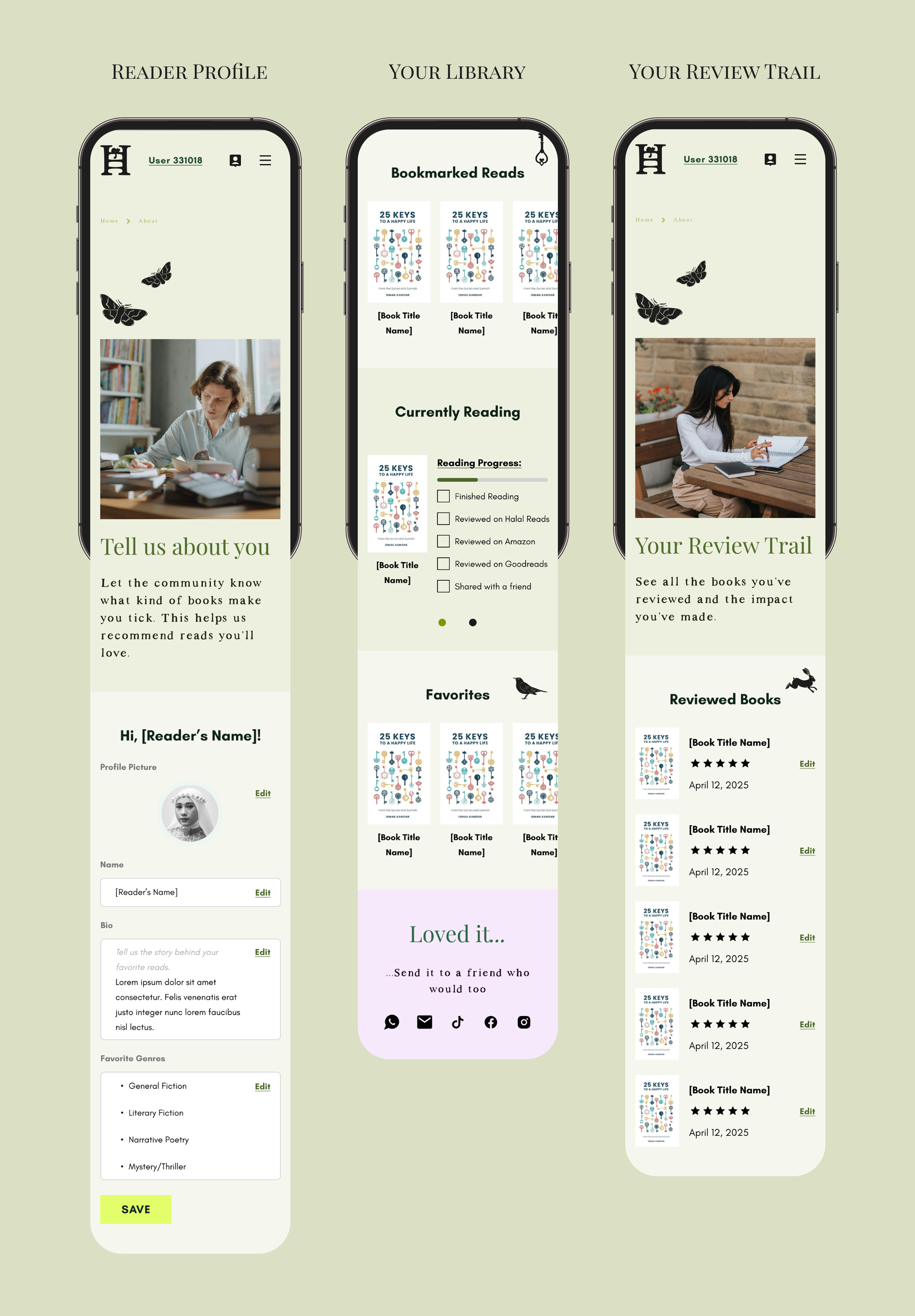 HalalReads: Reader journey: Register → Preferences → Library → Review → Share.