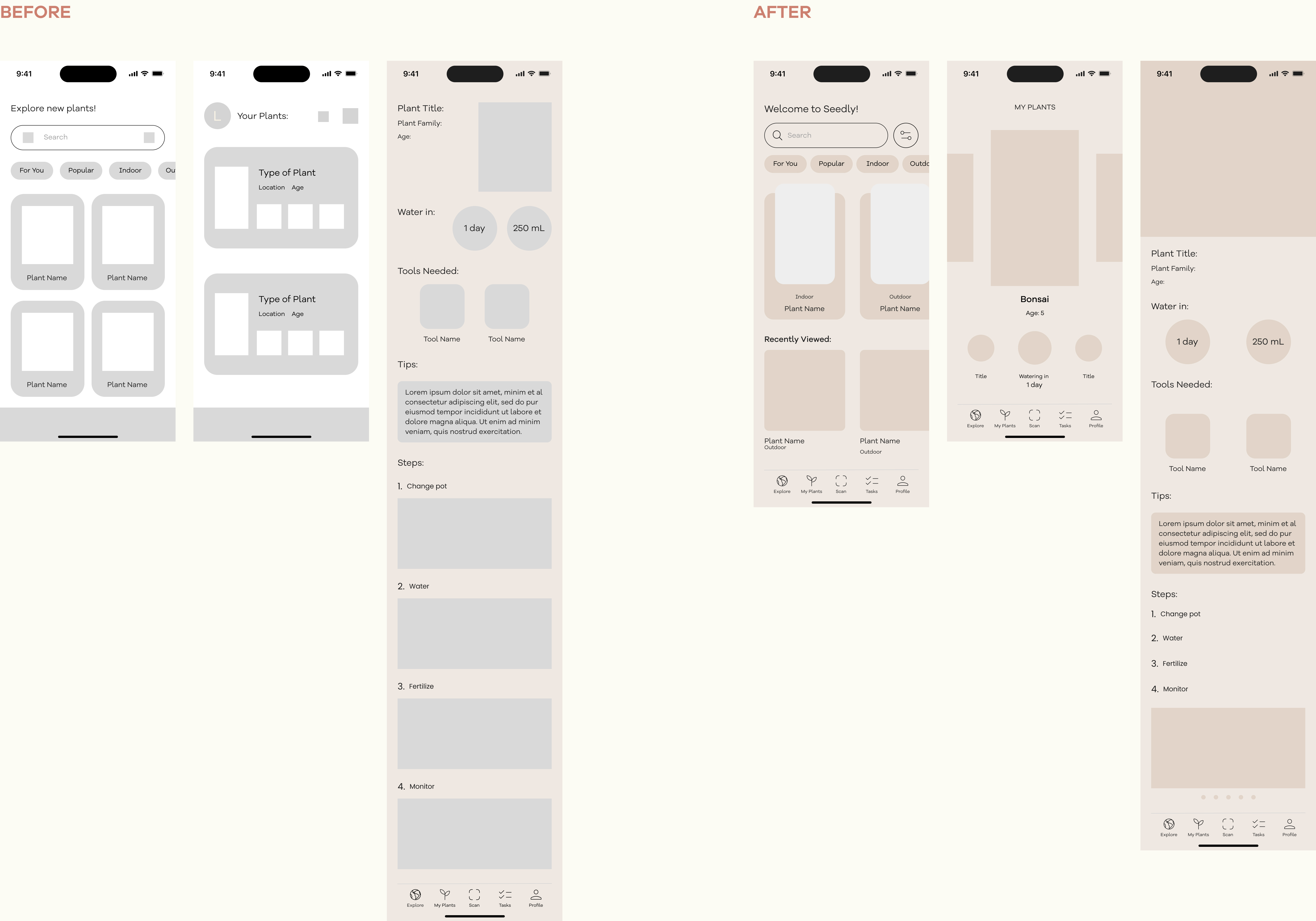 Seedly: Mid-Fidelity and High-Fidelity Wireframes side by side, illustrating the before and after changes